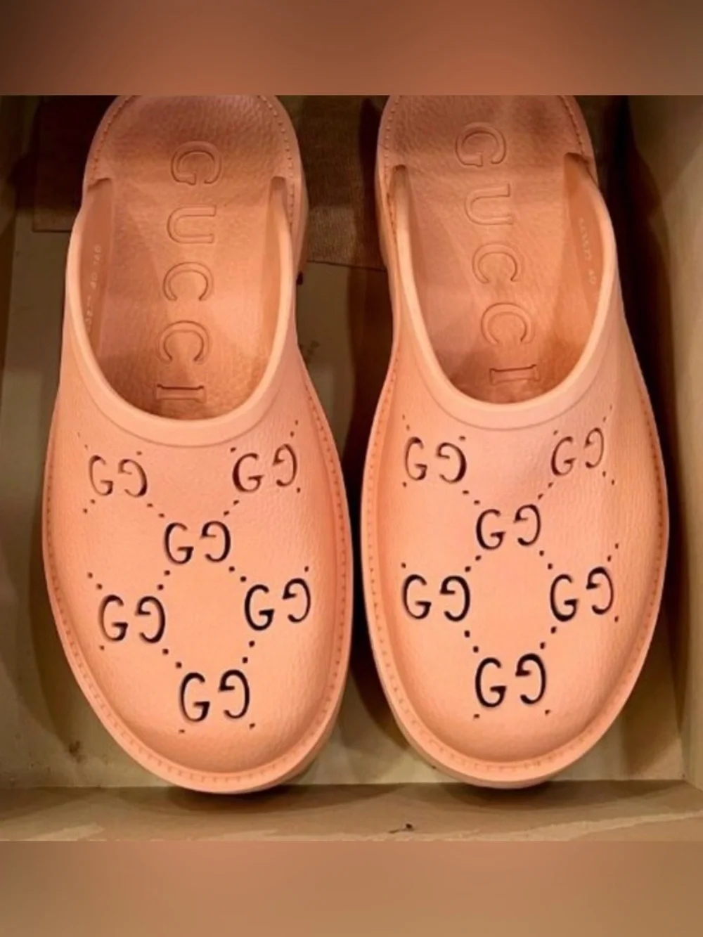 GUCCI Rubber GG Monogram Perforated Elea Platform 55mm Lug Sandals Peach- Sz-35